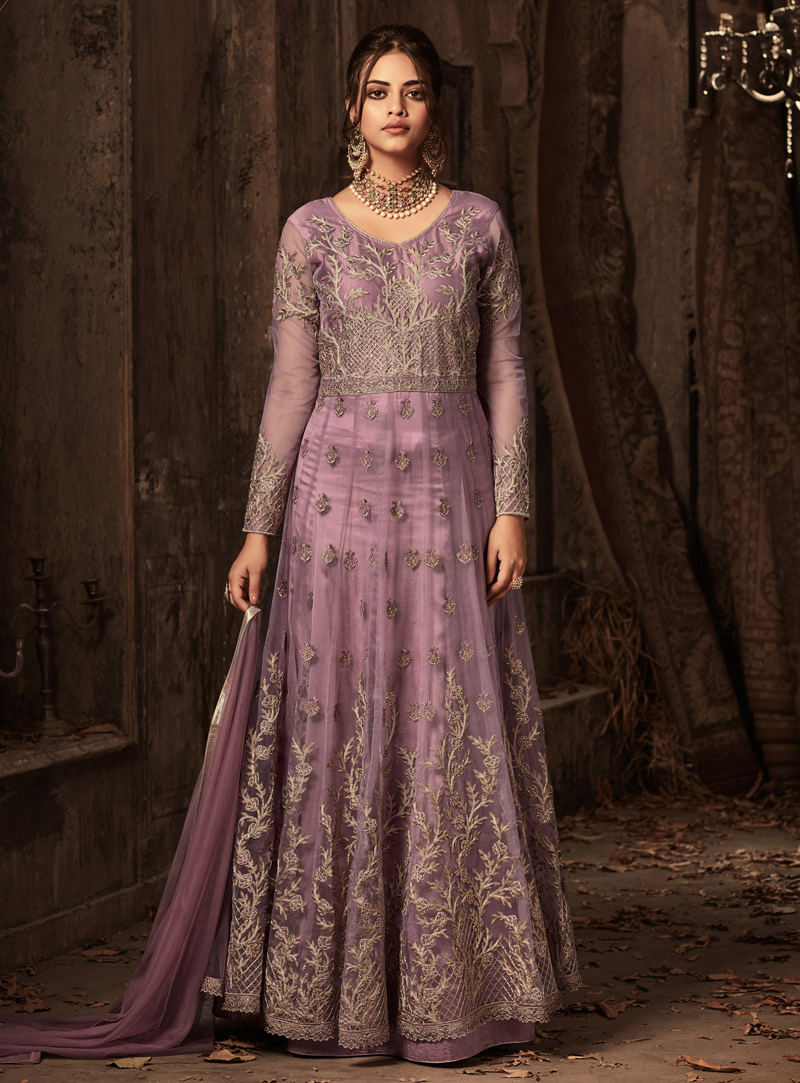 Light Purple Net Designer Anarkali Suit 137356