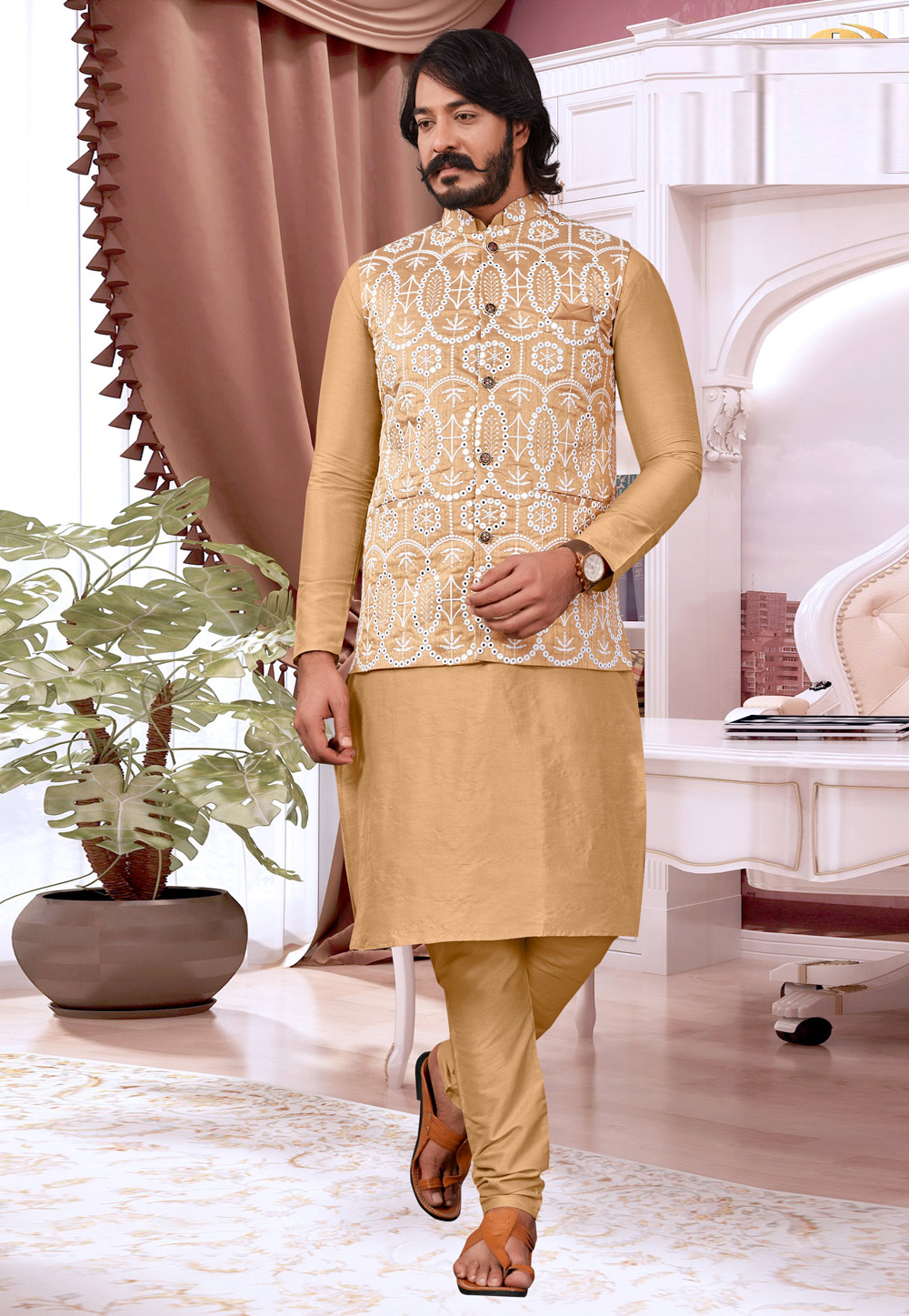 Beige Art Silk Lakhnavi Kurta Pajama With Jacket 239943