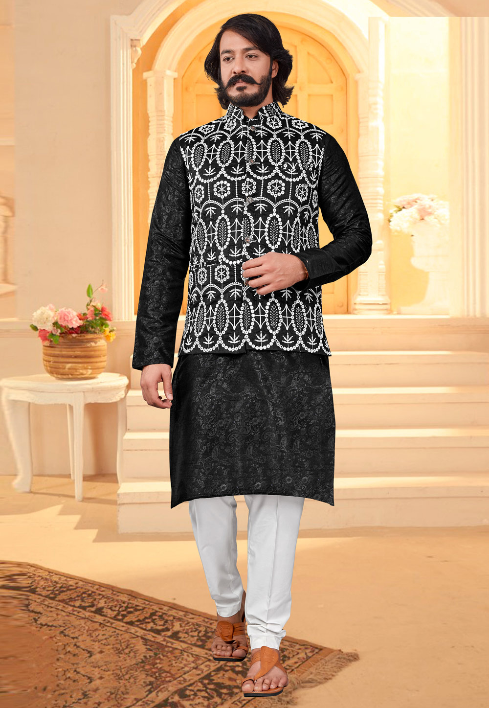 Black Art Silk Lakhnavi Kurta Pajama With Jacket 239945
