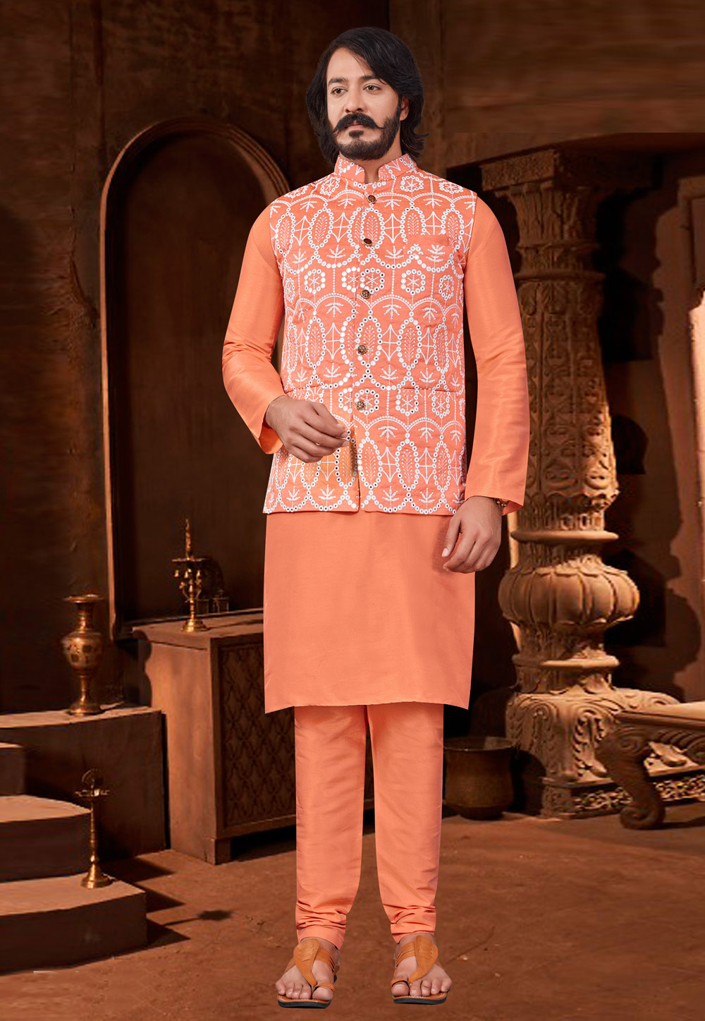 Orange Art Silk Lakhnavi Kurta Pajama With Jacket 239947