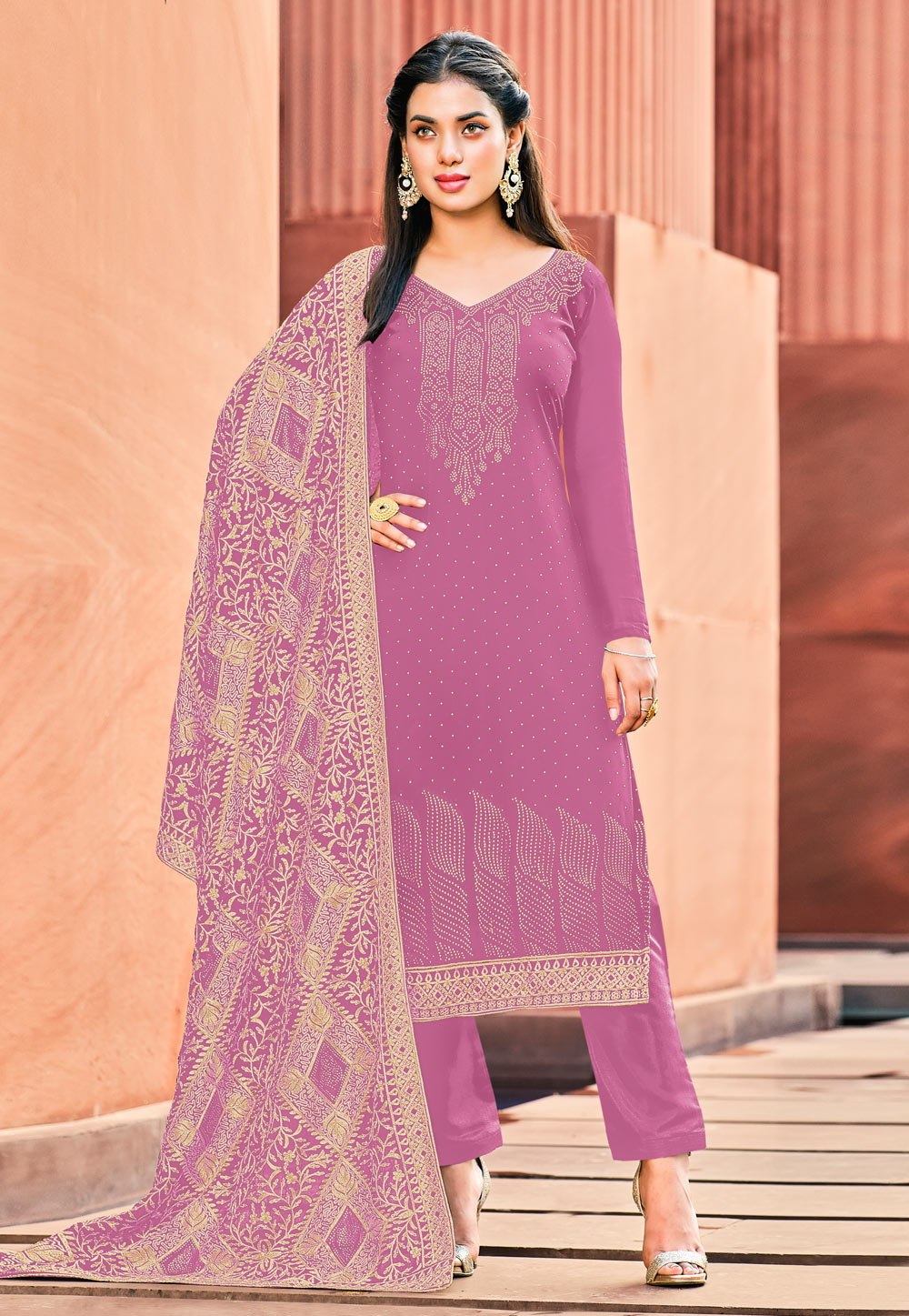 Pink Georgette Pant Style Suit 237308