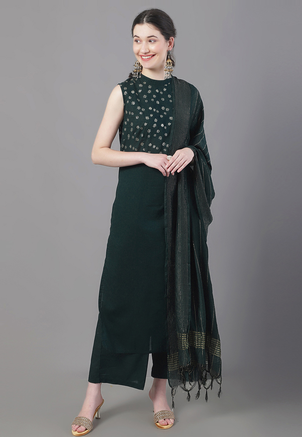 Green Cotton Readymade Palazzo Suit 272251