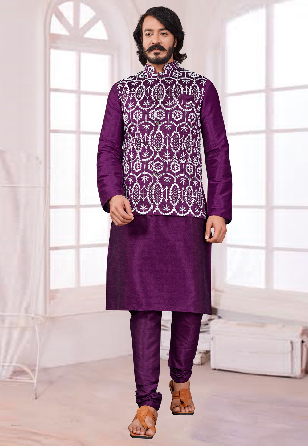 Purple Art Silk Lakhnavi Kurta Pajama With Jacket 239951