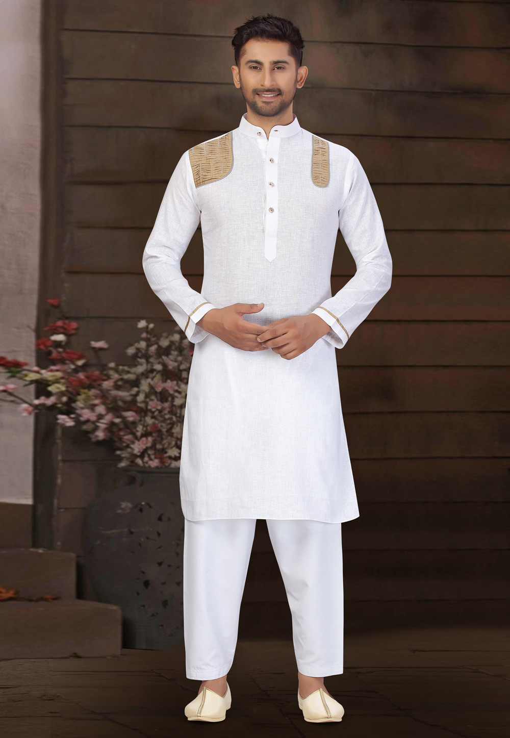 White Cotton Pathani Suit 231030