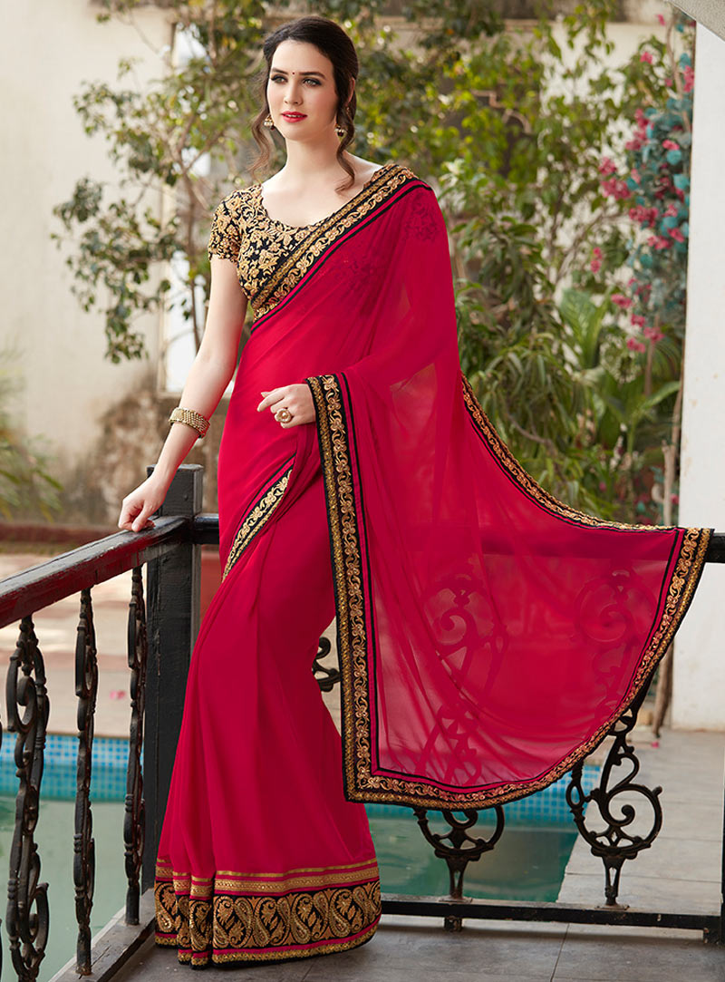 Magenta Faux Georgette Saree With Embroidered Blouse 86292