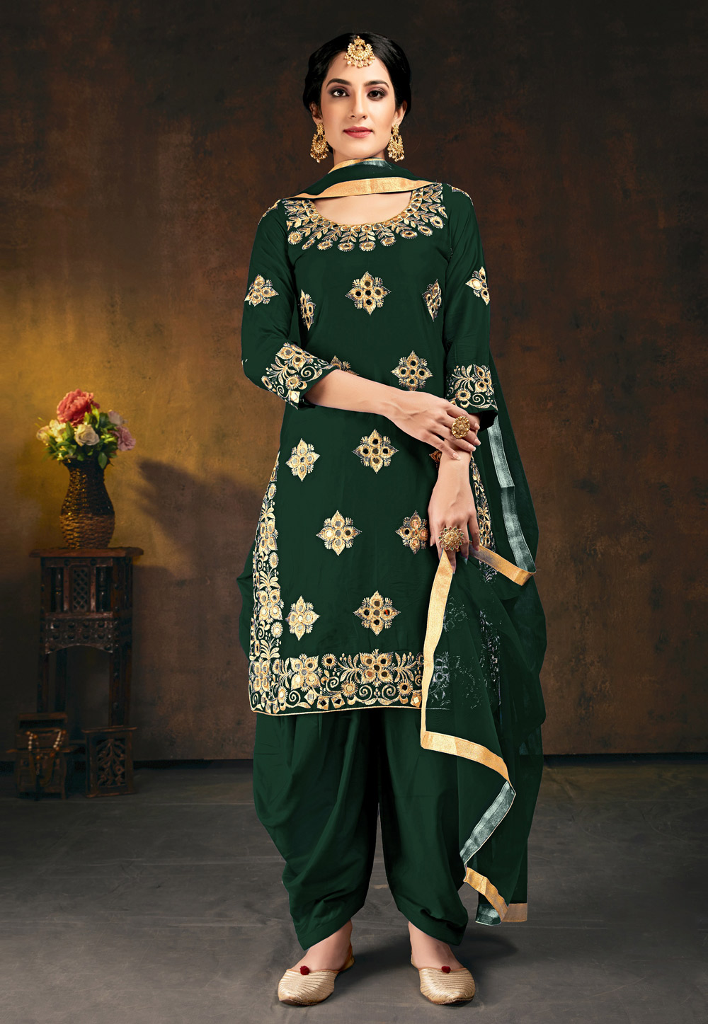Green Silk Embroidered Punjabi Suit 228697