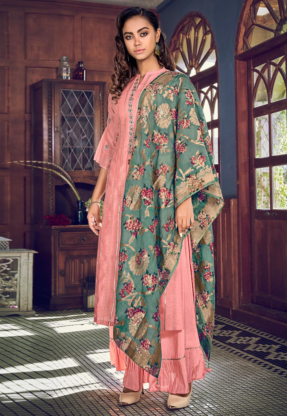 Pink Tussar Silk Palazzo Suit 234572
