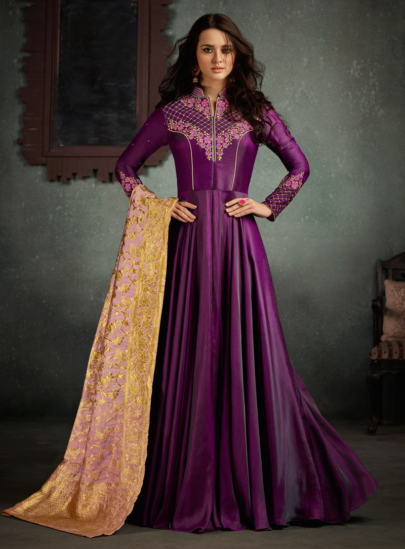 Purple Silk Readymade Floor Length Anarkali Suit 120669