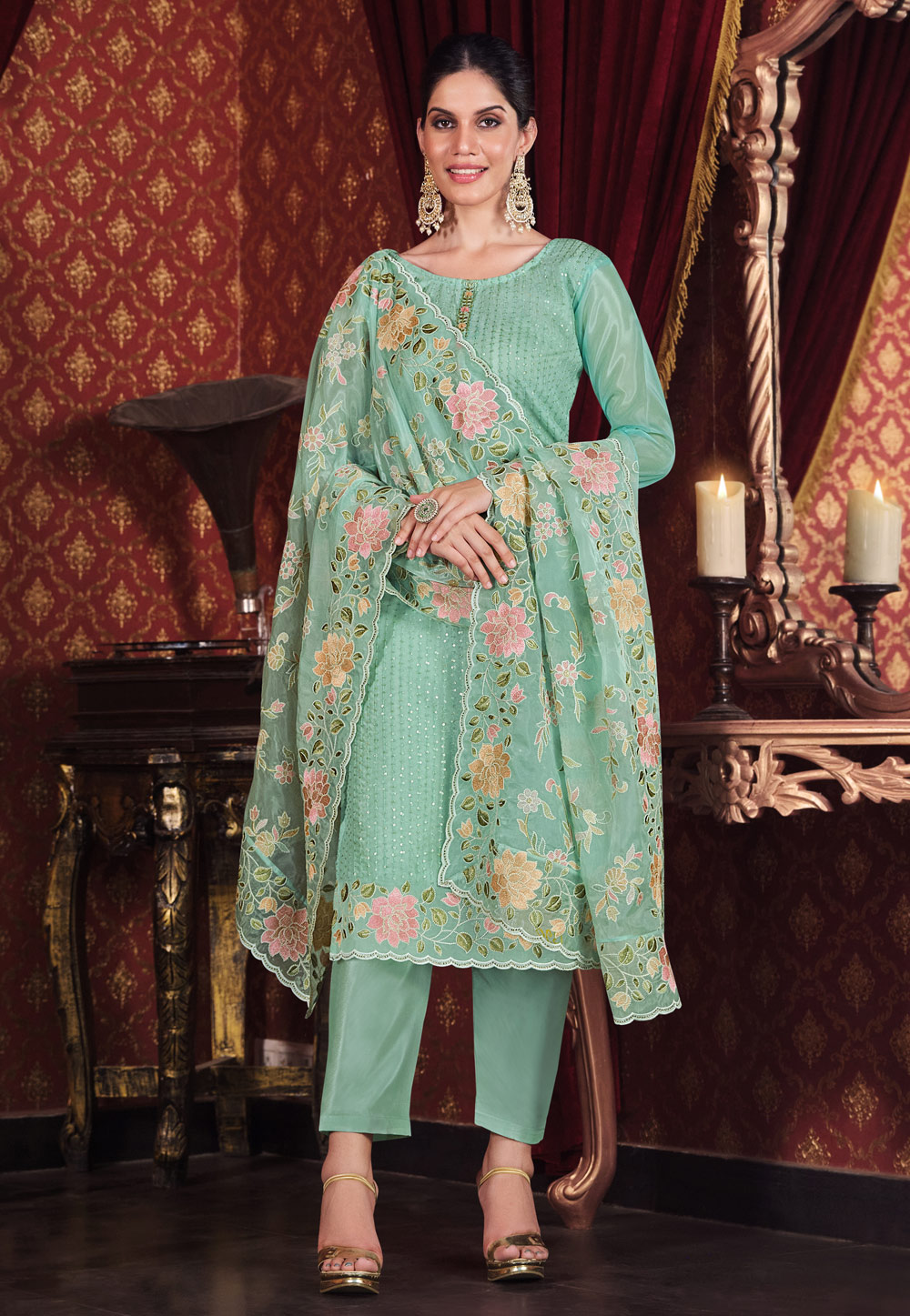 Sea Green Organza Pant Style Suit 246354