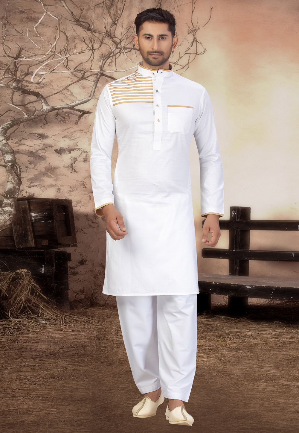 White Cotton Pathani Suit 231031