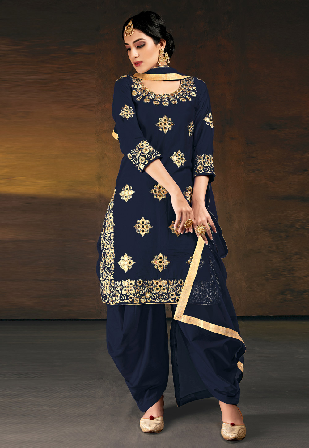 Navy Blue Silk Embroidered Patiala Suit 228698