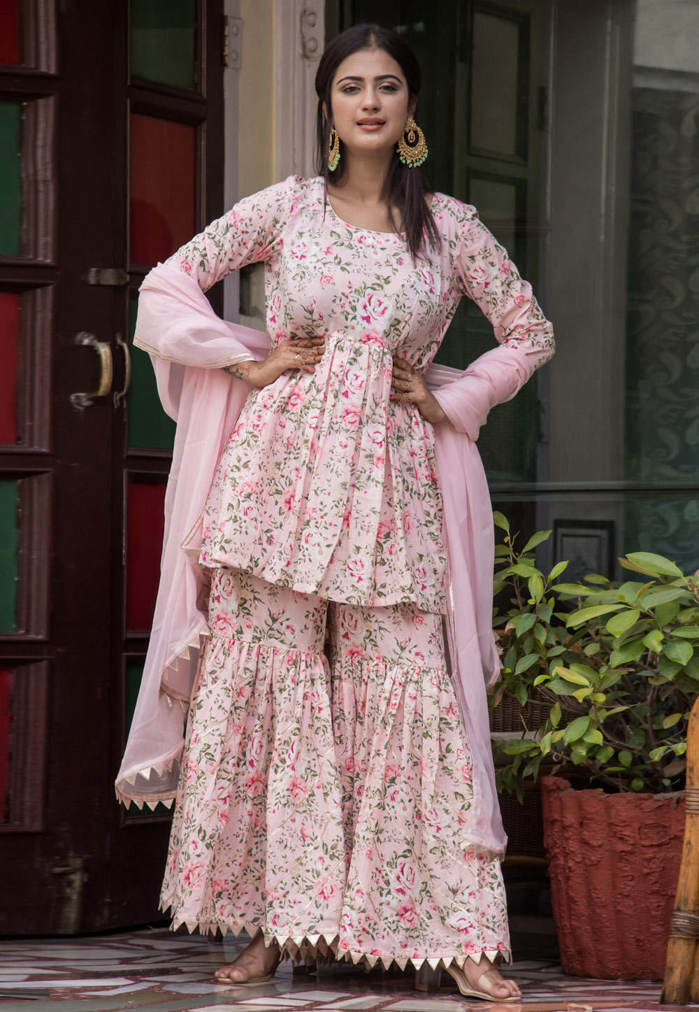 Pink Cotton Readymade Sharara Suit 183321
