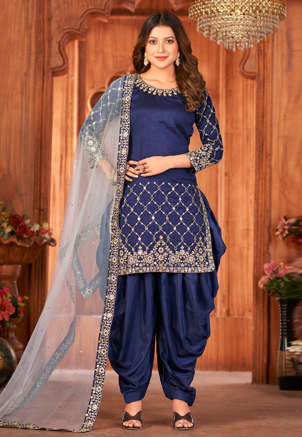 Navy Blue Art Silk Patiala Suit 254363