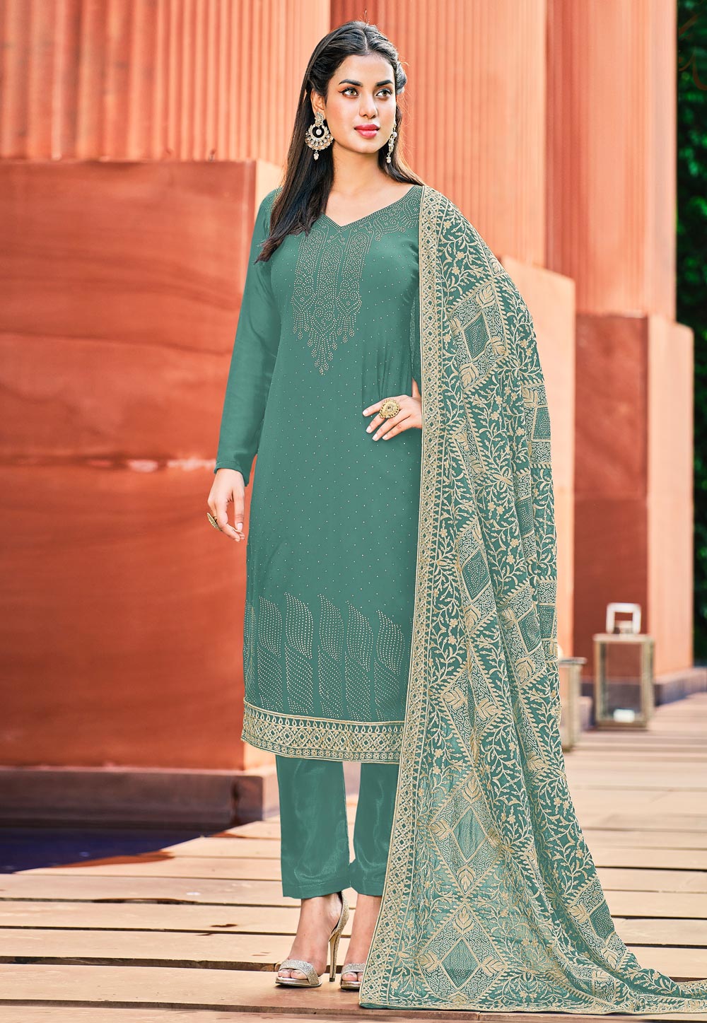 Sea Green Georgette Pant Style Suit 237310