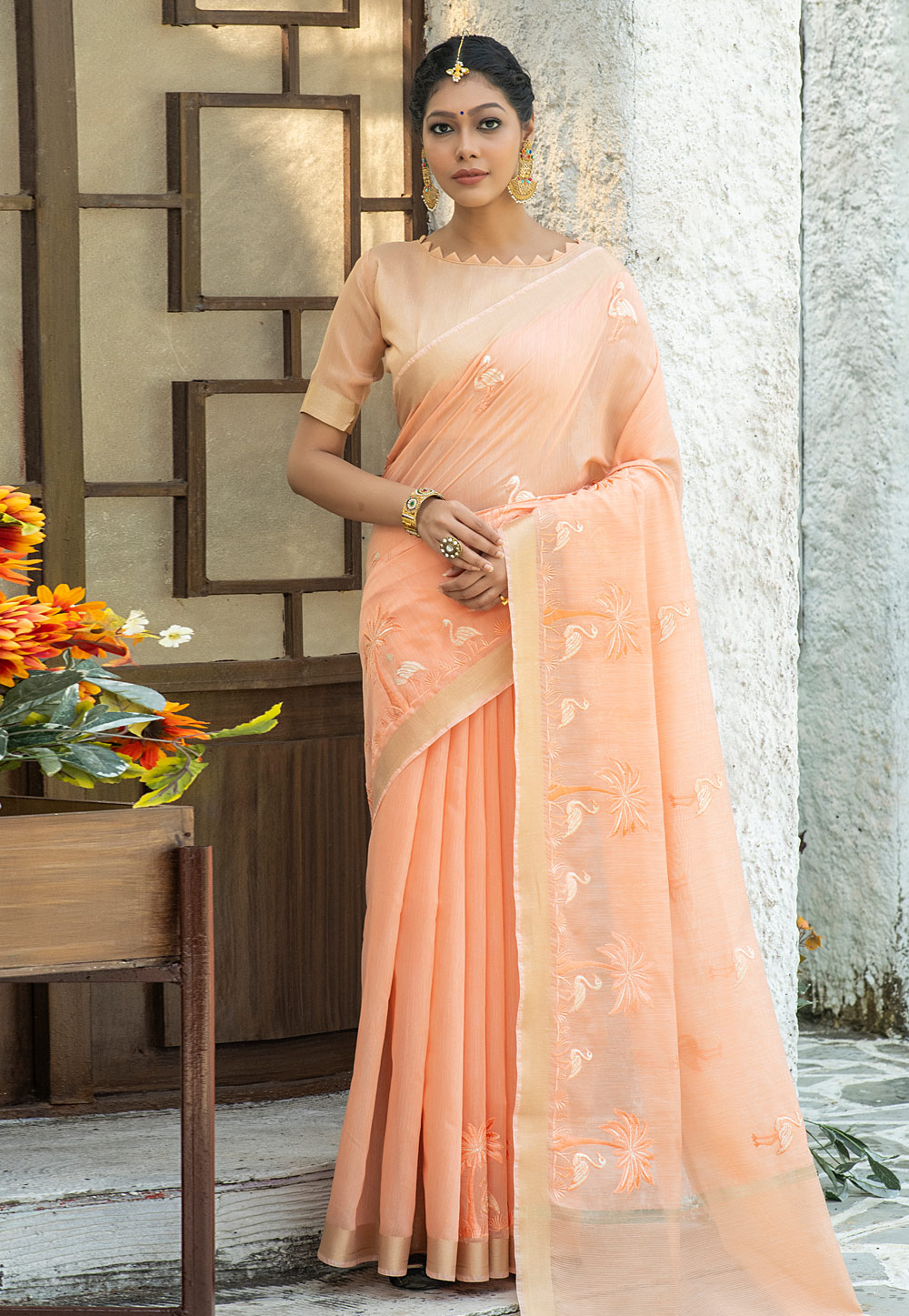 Peach Linen Saree With Blouse 220851