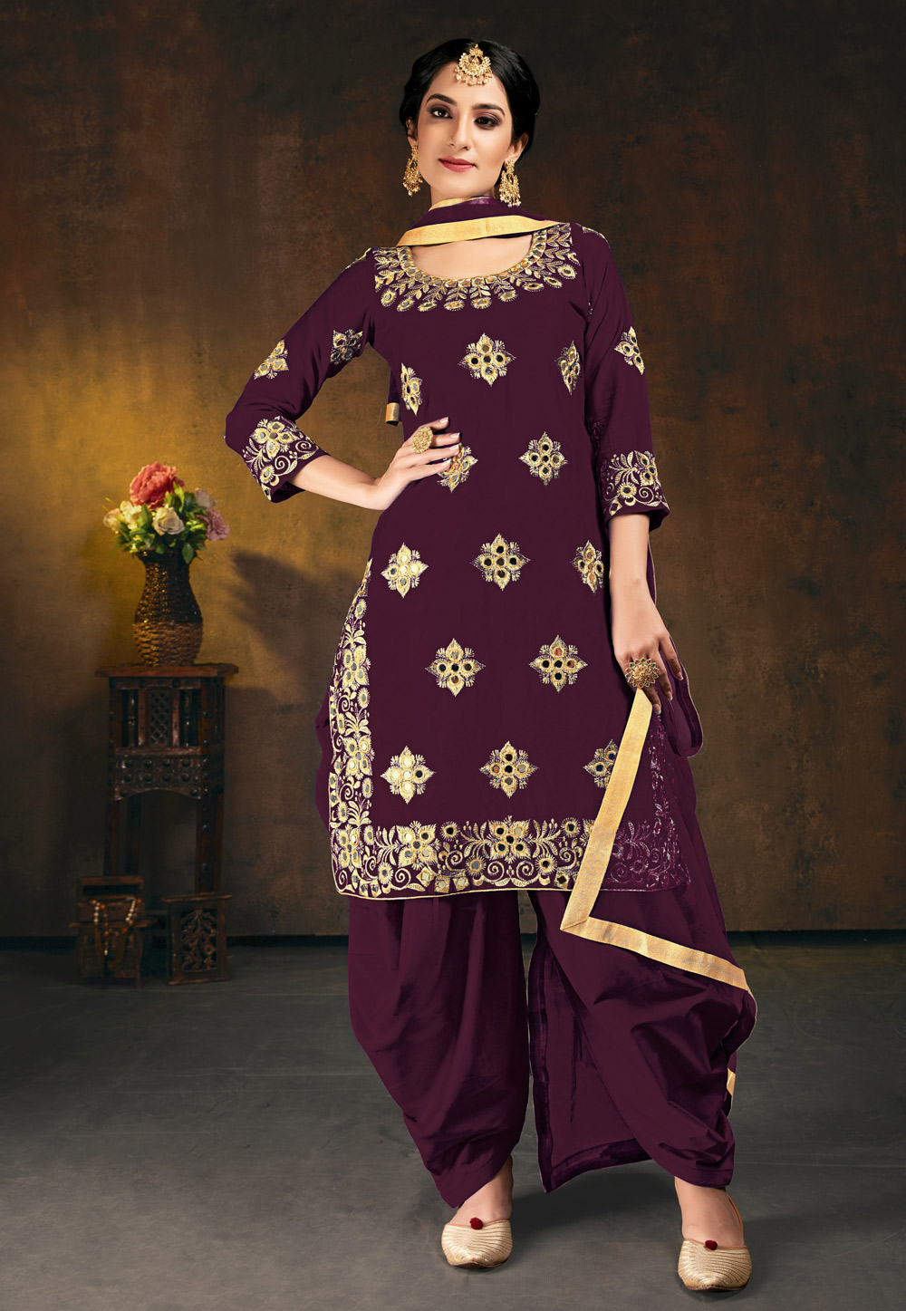 Purple Silk Embroidered Punjabi Suit 228699