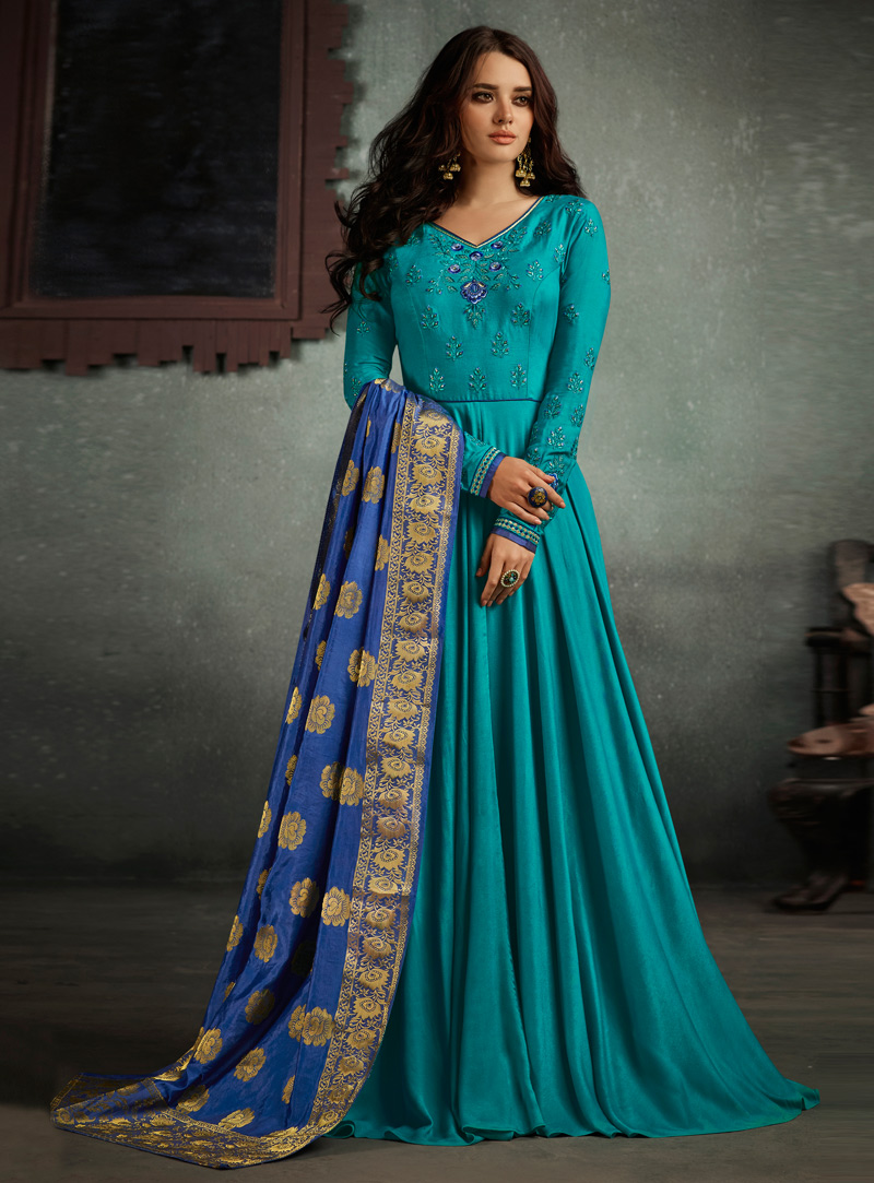 Blue Rayon Readymade Floor Length Anarkali Suit 120671