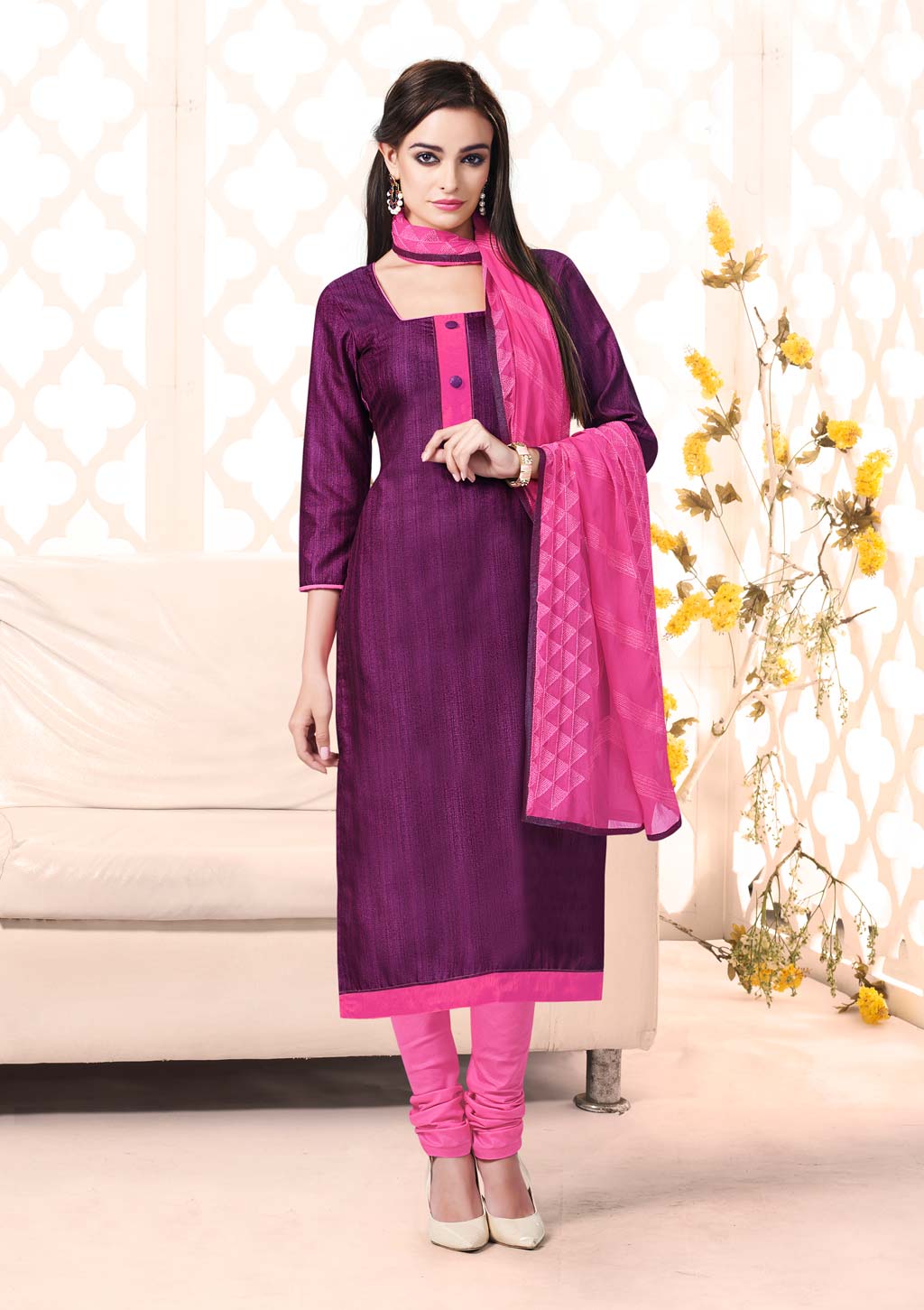 Purple Bhagalpuri Silk Churidar Suit 59955