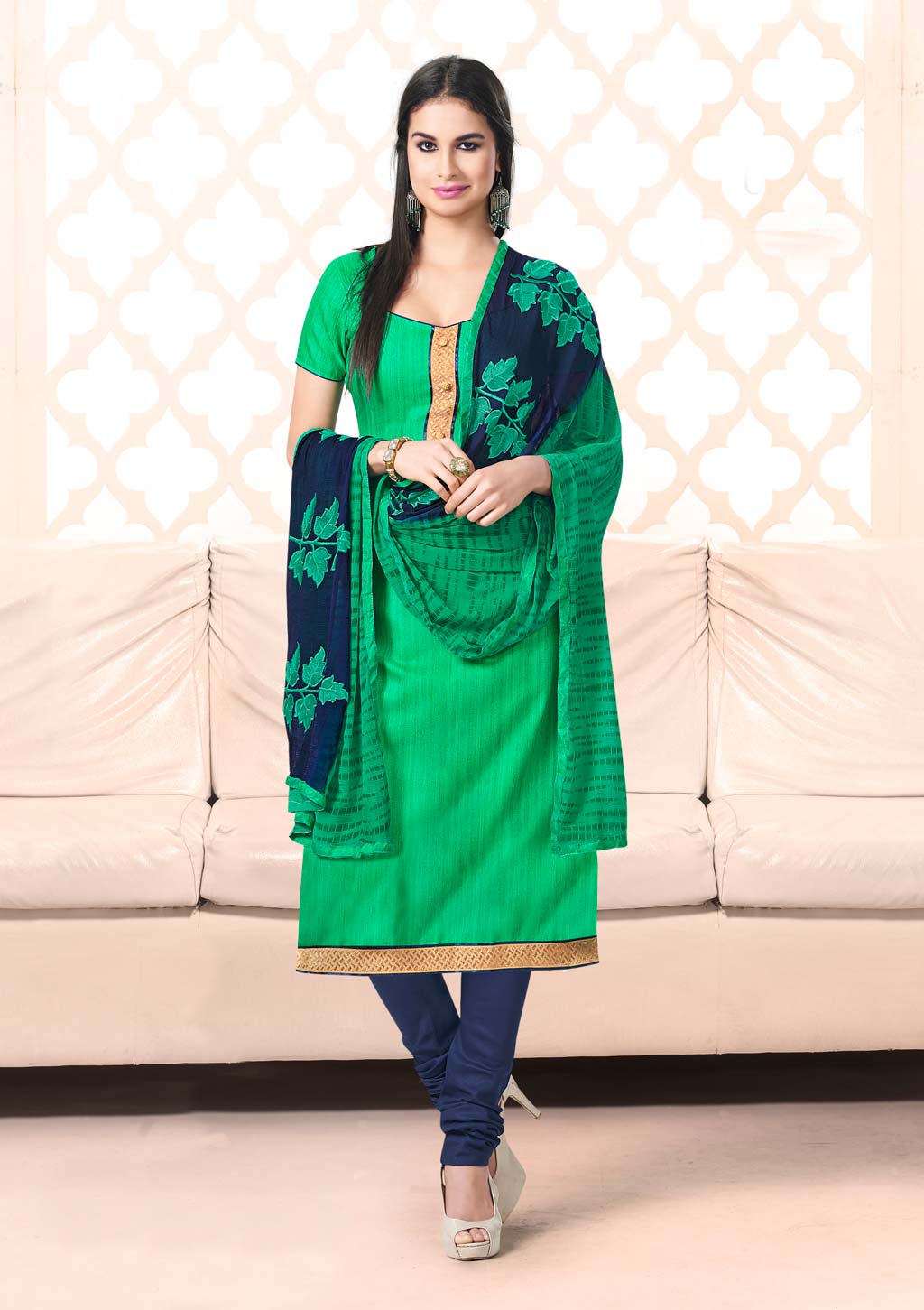 Green Bhagalpuri Silk Kameez With Churidar 59944