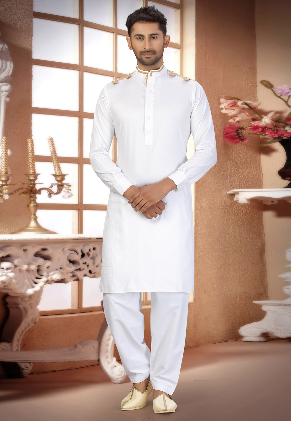 White Cotton Pathani Suit 231034