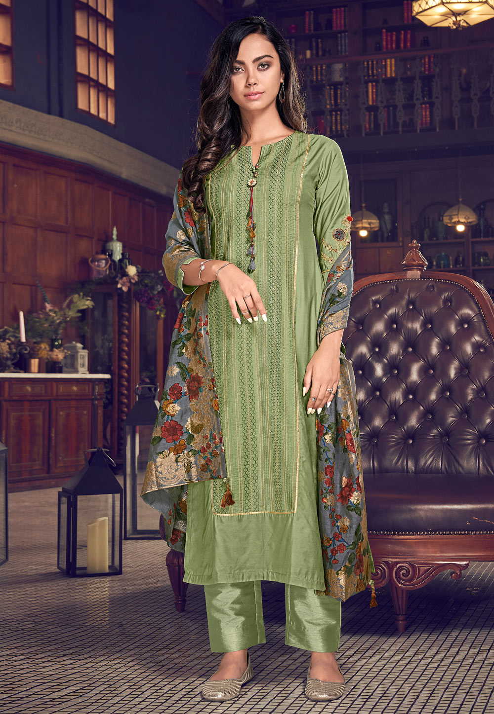 Light Green Tussar Silk Pant Style Suit 234576