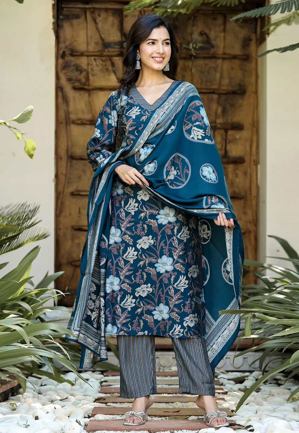 Teal Chanderi Silk Readymade Pant Style Suit 273902