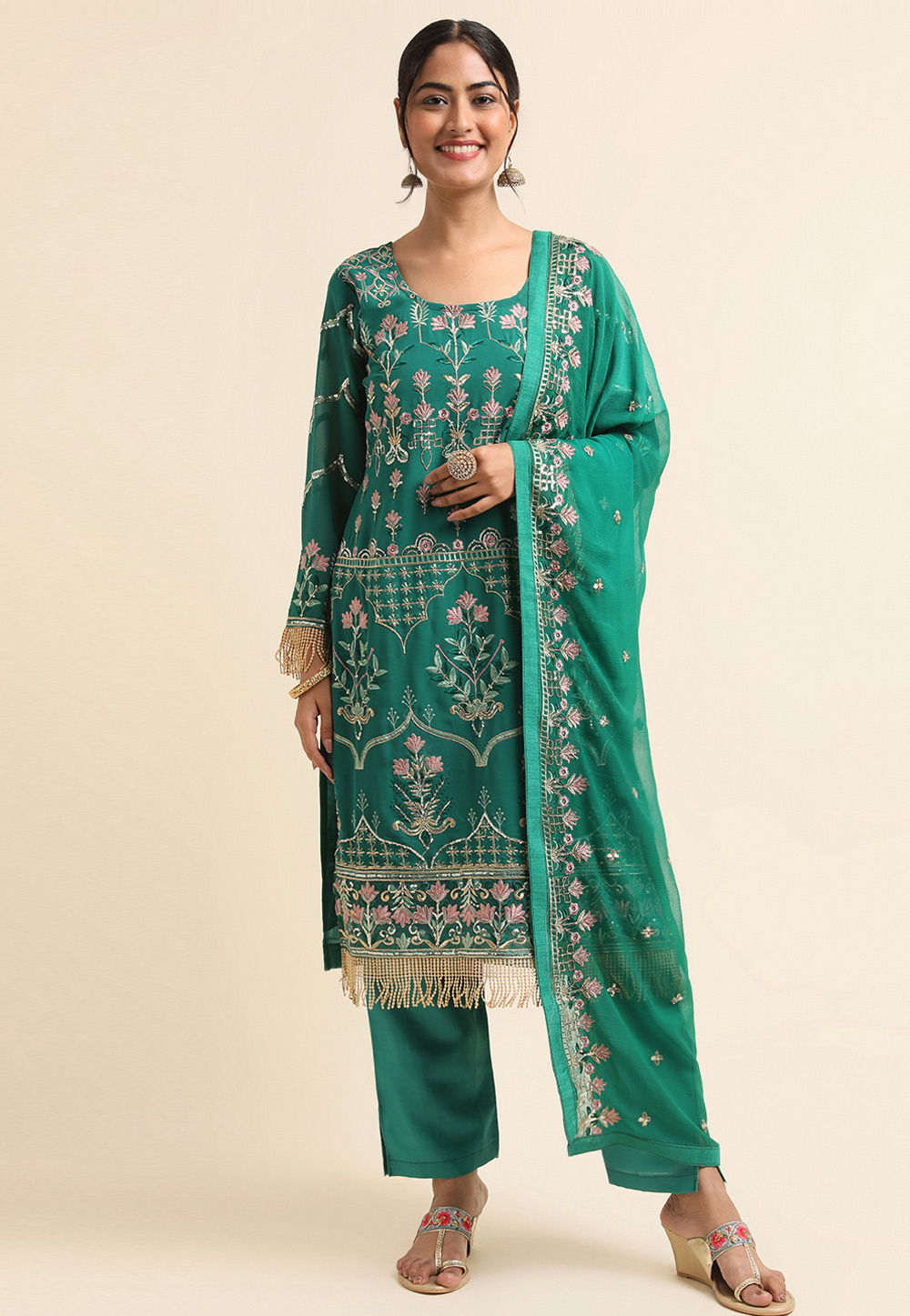 Green Faux Georgette Pant Style Suit 271693