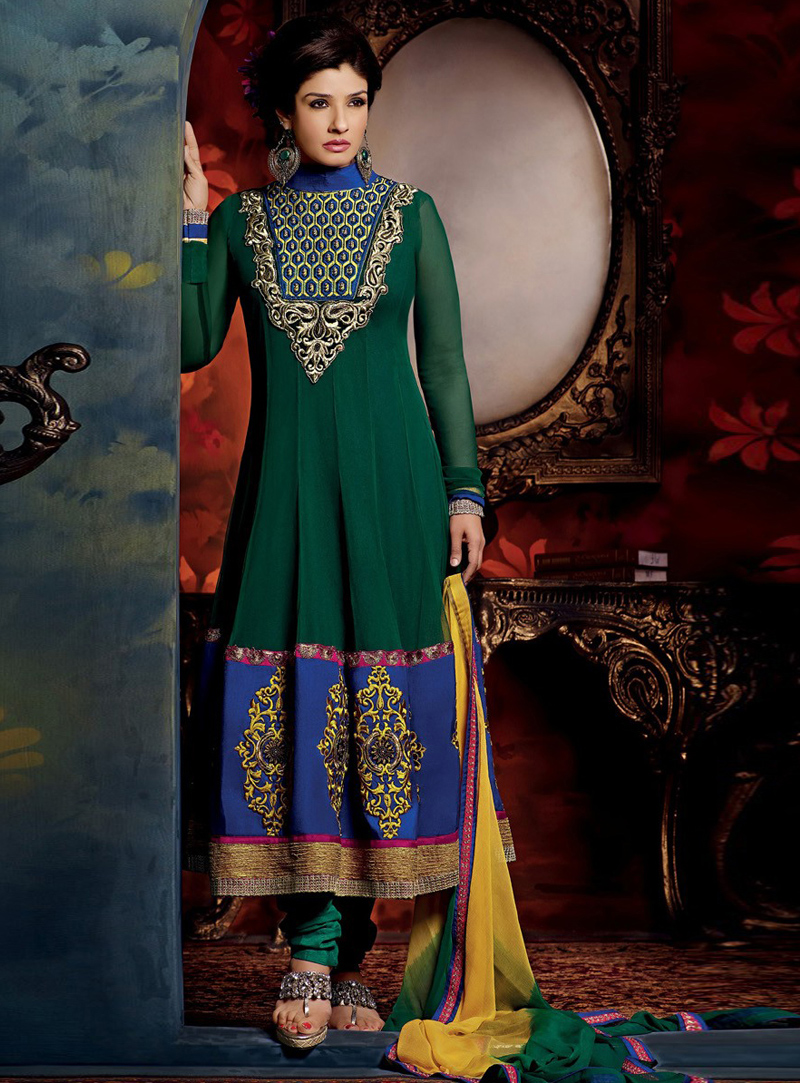Raveena Tandon Green Net Long Anarkali Suit 92962