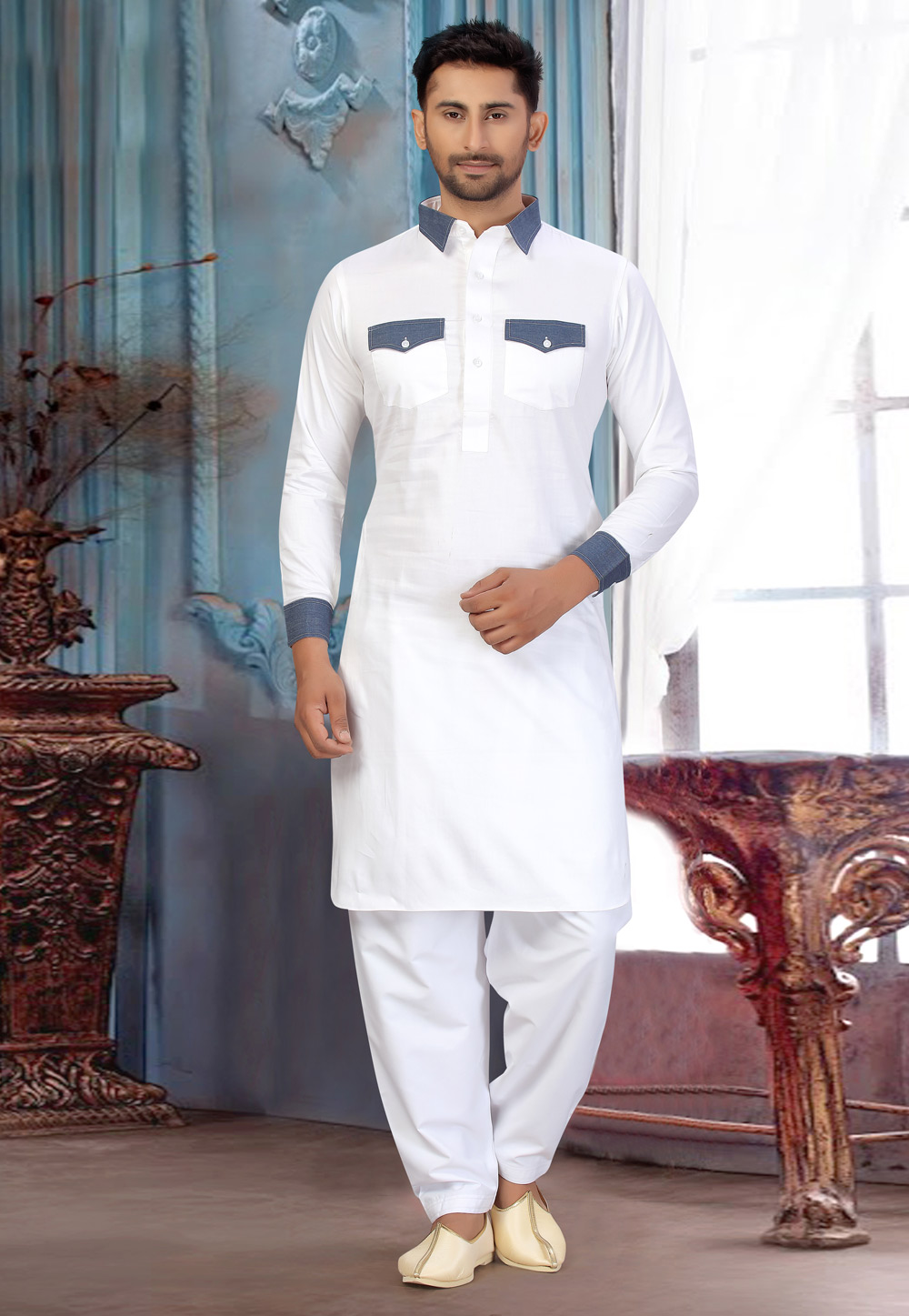 White Cotton Pathani Suit 231035