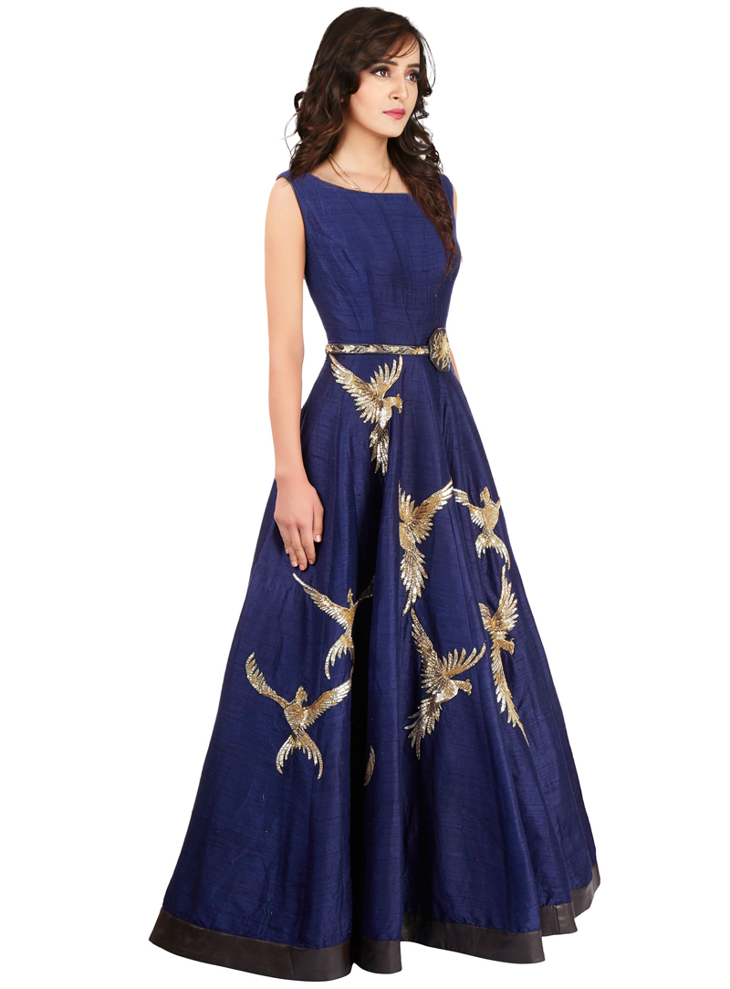 Navy Blue Raw Silk Readymade Gown 117409