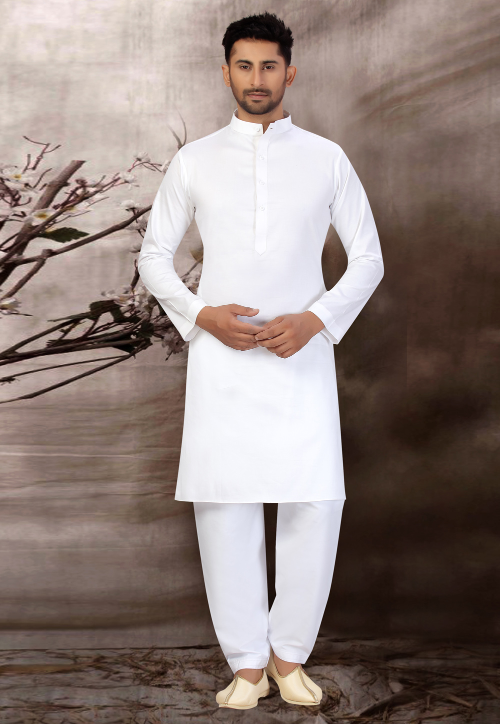 White Cotton Pathani Suit 231036