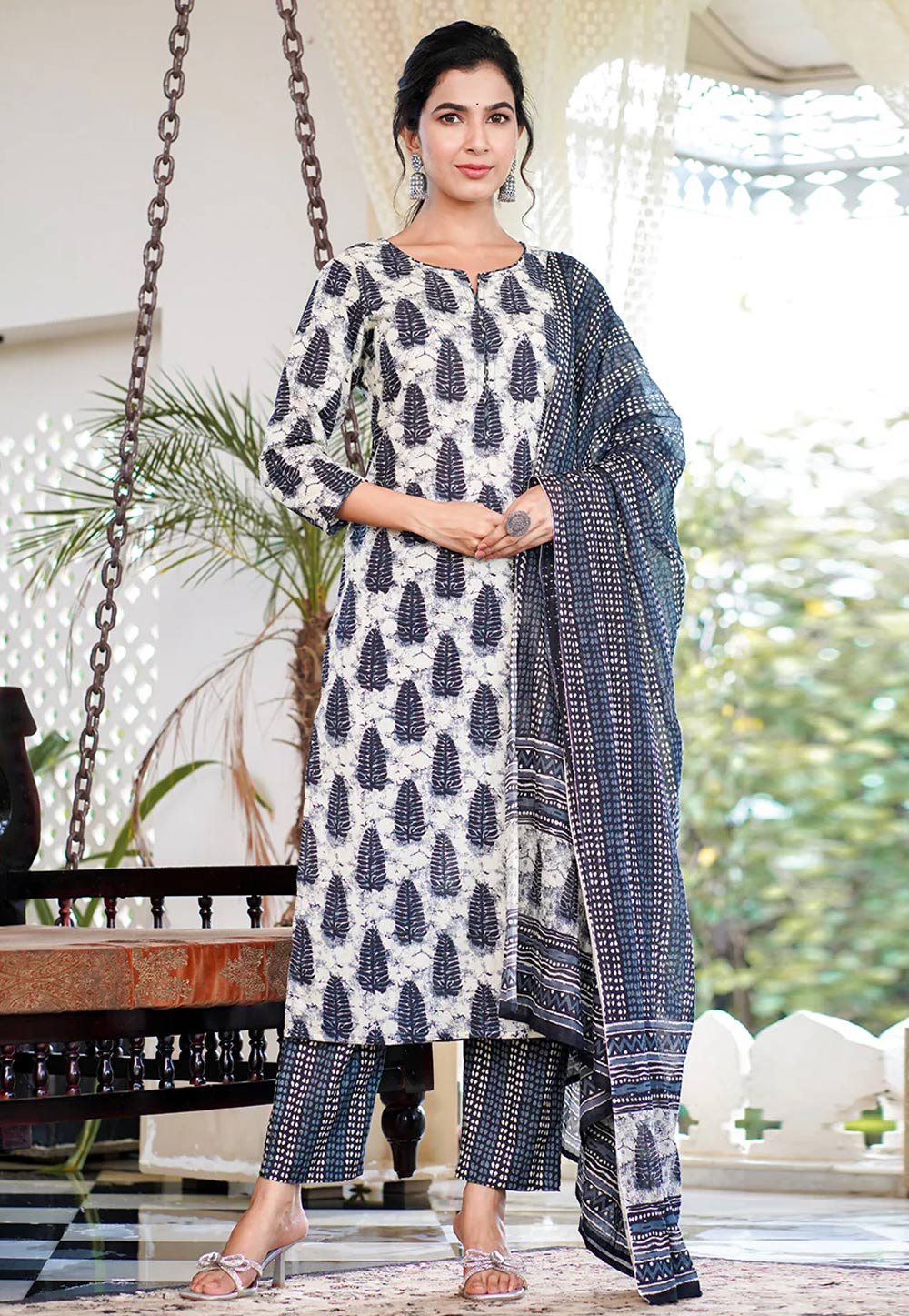 Navy Blue Cotton Readymade Pant Style Suit 273904