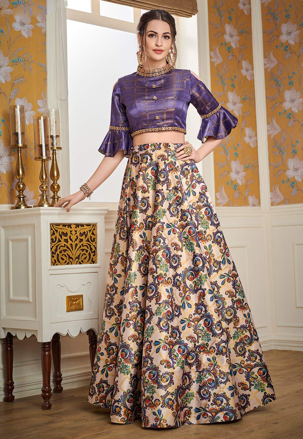 Beige Satin Readymade Floral Printed Skirt With Embroidered Cold Shoulder Top 158682