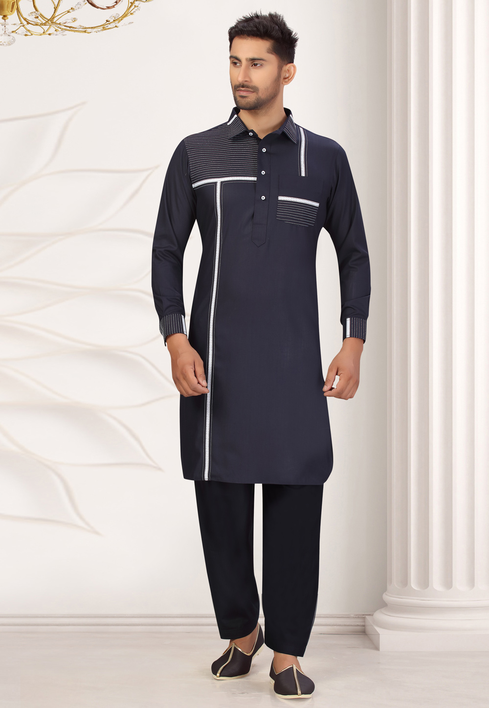 Navy Blue Cotton Pathani Suit 231037