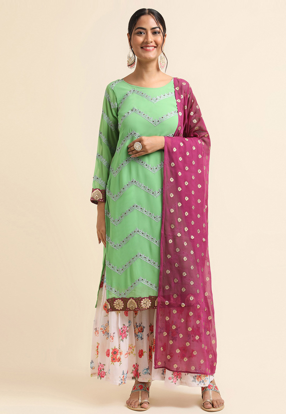 Light Green Faux Georgette Sharara Suit 271696