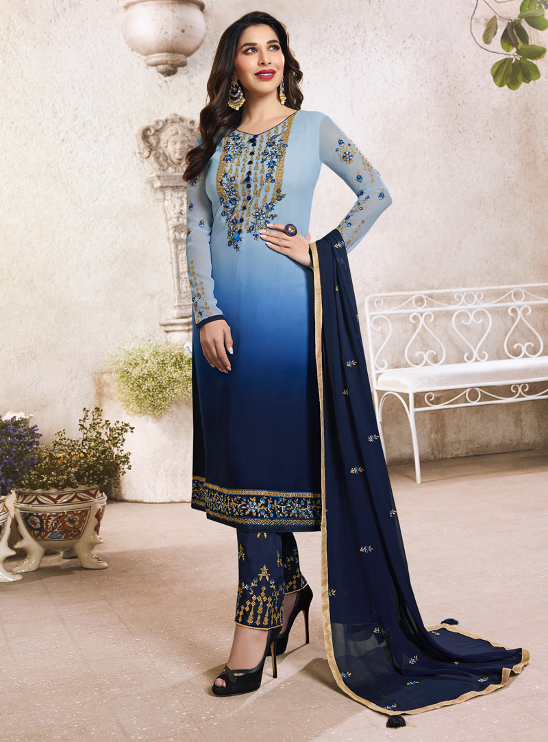 Sophie Choudry Navy Blue Georgette Pant Style Suit 129528
