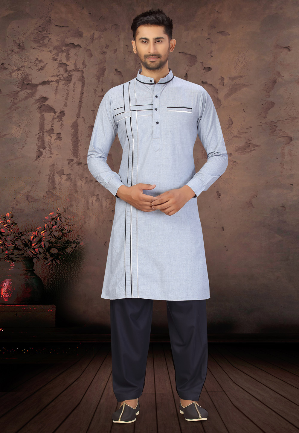 Sky Blue Cotton Pathani Suit 231038