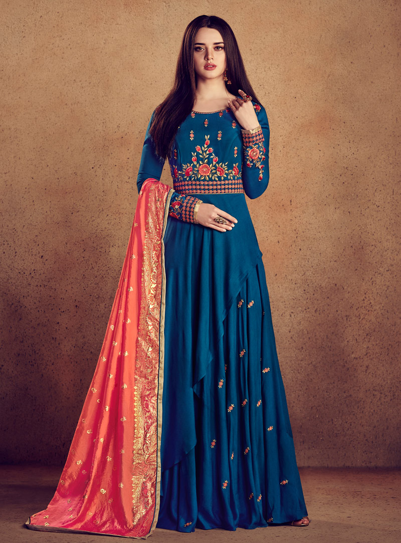 Blue Rayon Readymade Long Anarkali Suit 142259