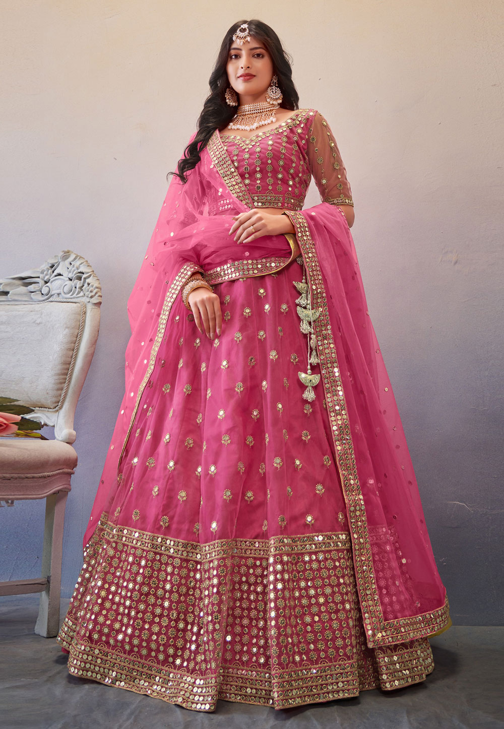 Buy Party Wear Hot Pink Embroidery Work Georgette Lehenga Choli Online From  Surat Wholesale Shop.