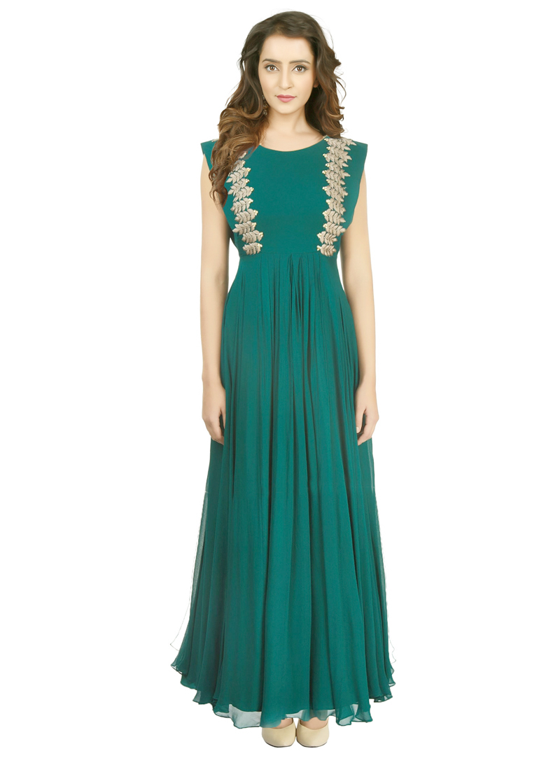 Teal Georgette Readymade Gown 117412