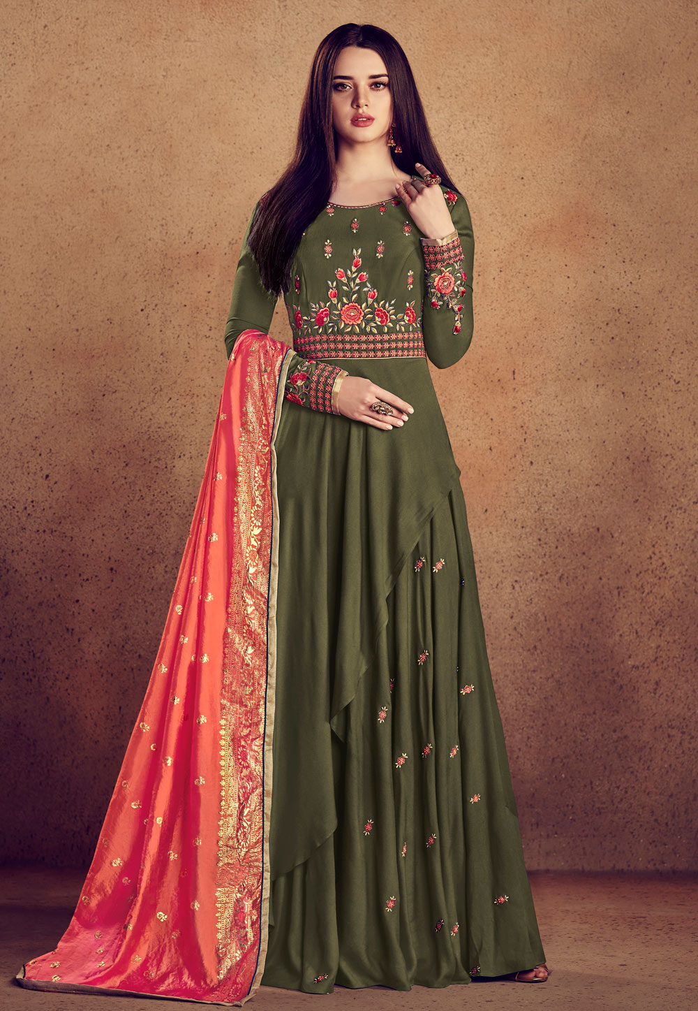 Olive Green Rayon Readymade Embroidered Anarkali Suit 156065