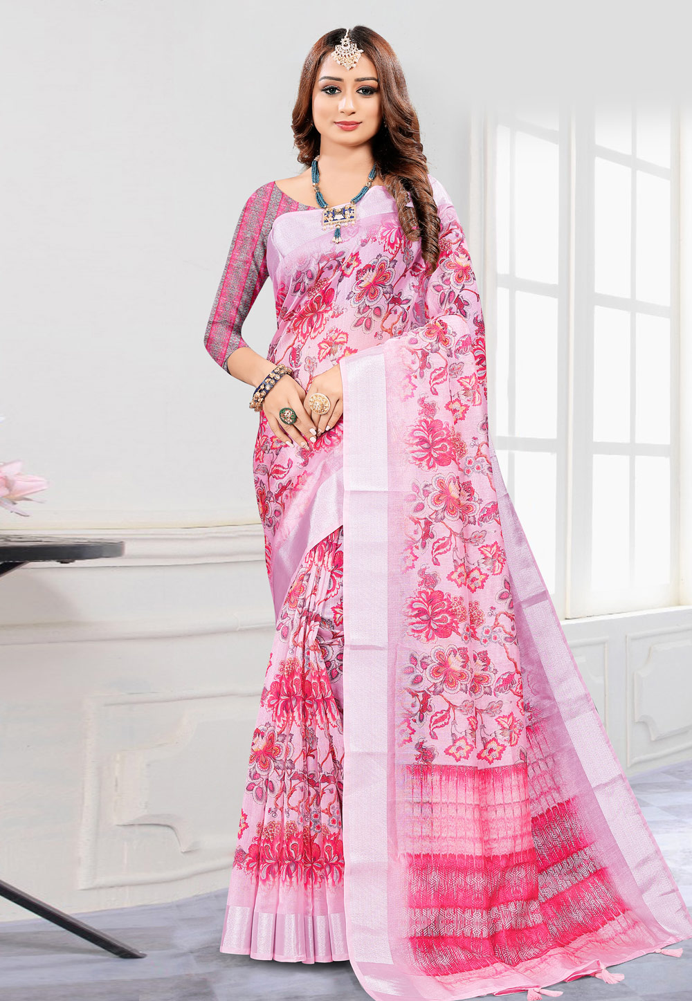 Pink Linen Printed Saree 228383