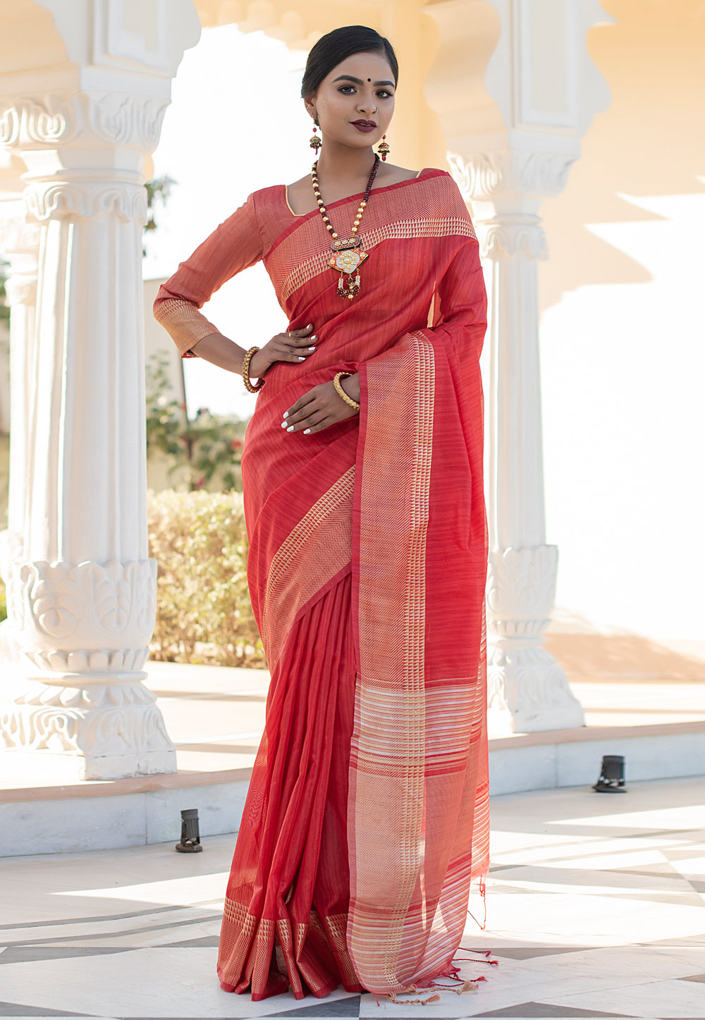 Red Tussar Silk Festival Wear Saree 223167