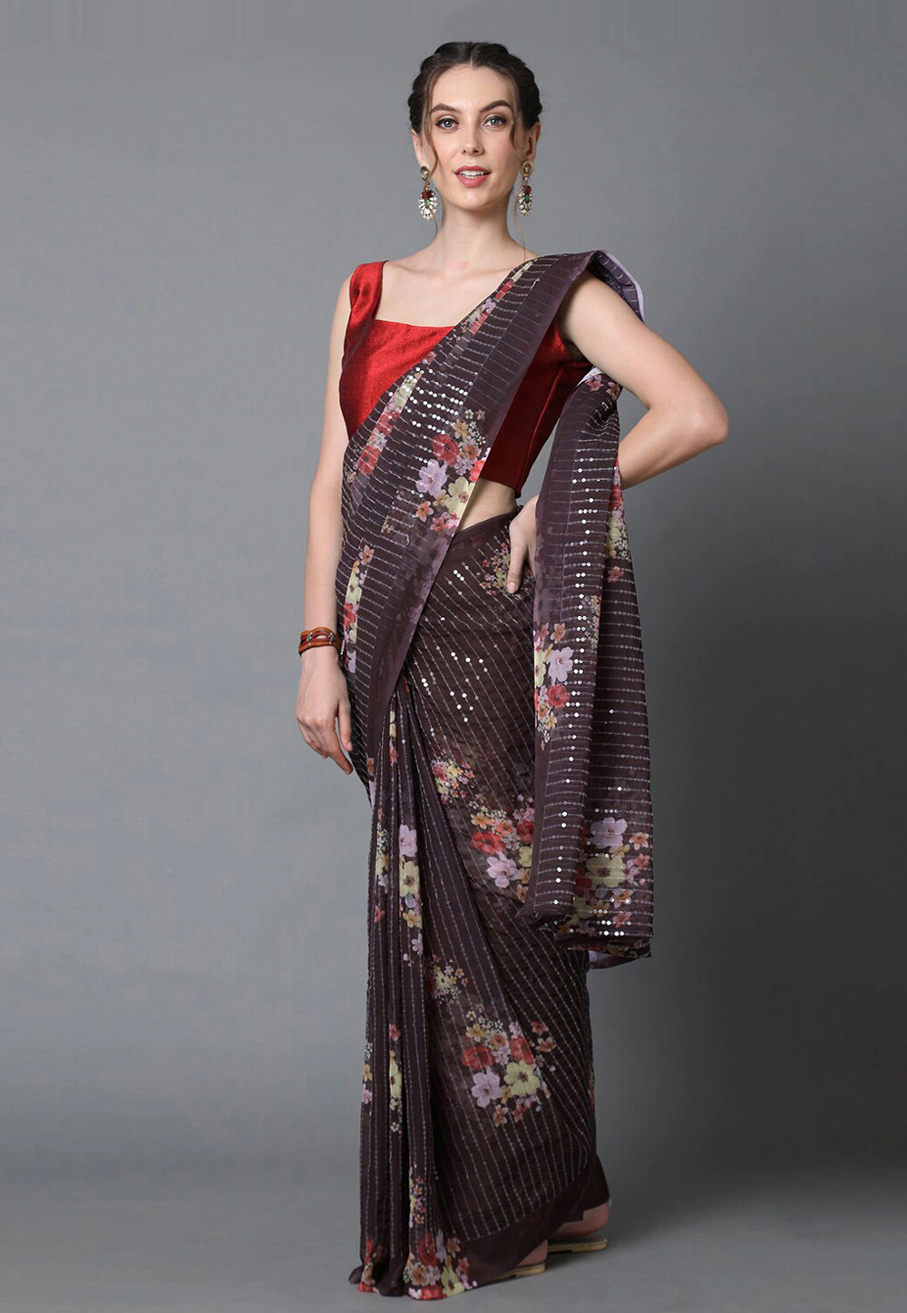 Brown Georgette Saree With Blouse 231852