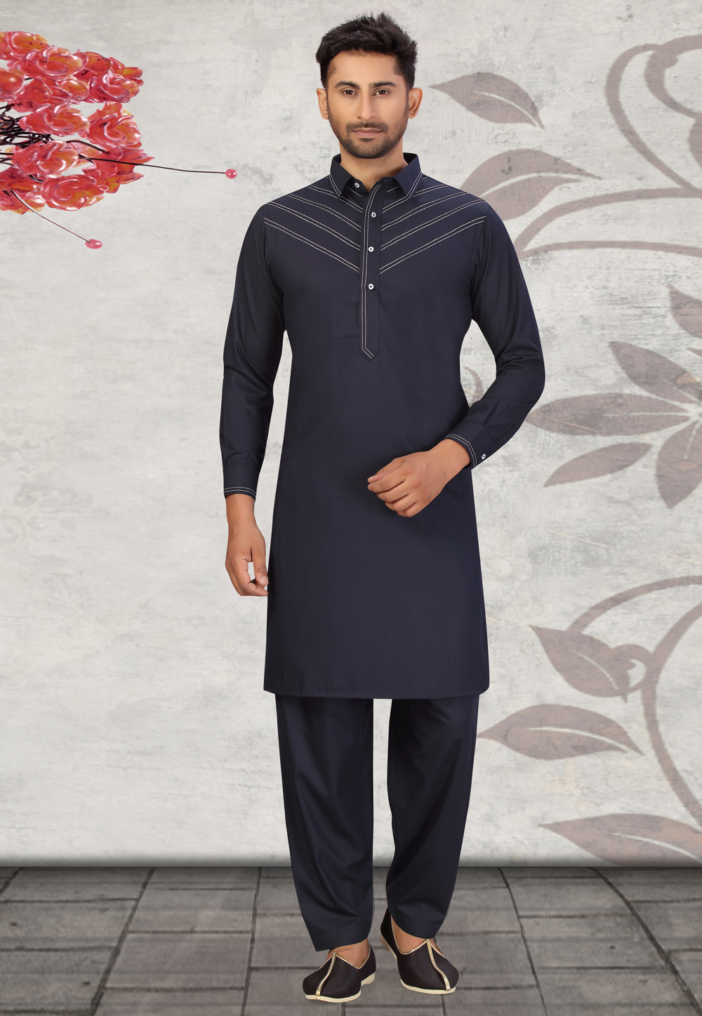 Navy Blue Cotton Pathani Suit 231039