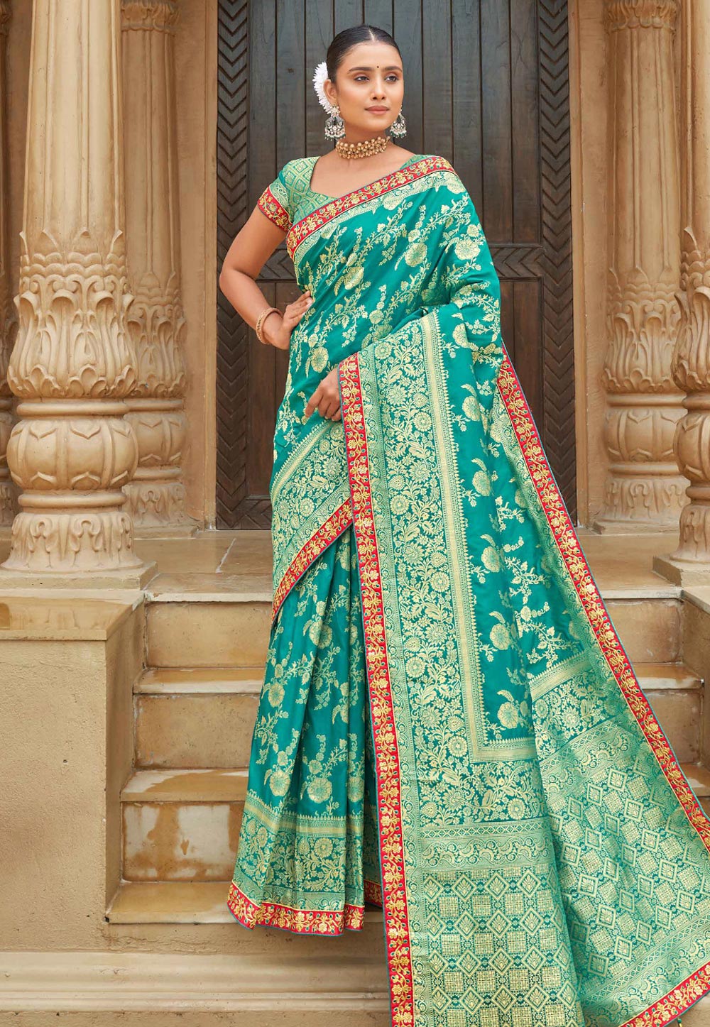 Sea Green Banarasi Silk Saree With Blouse 249071