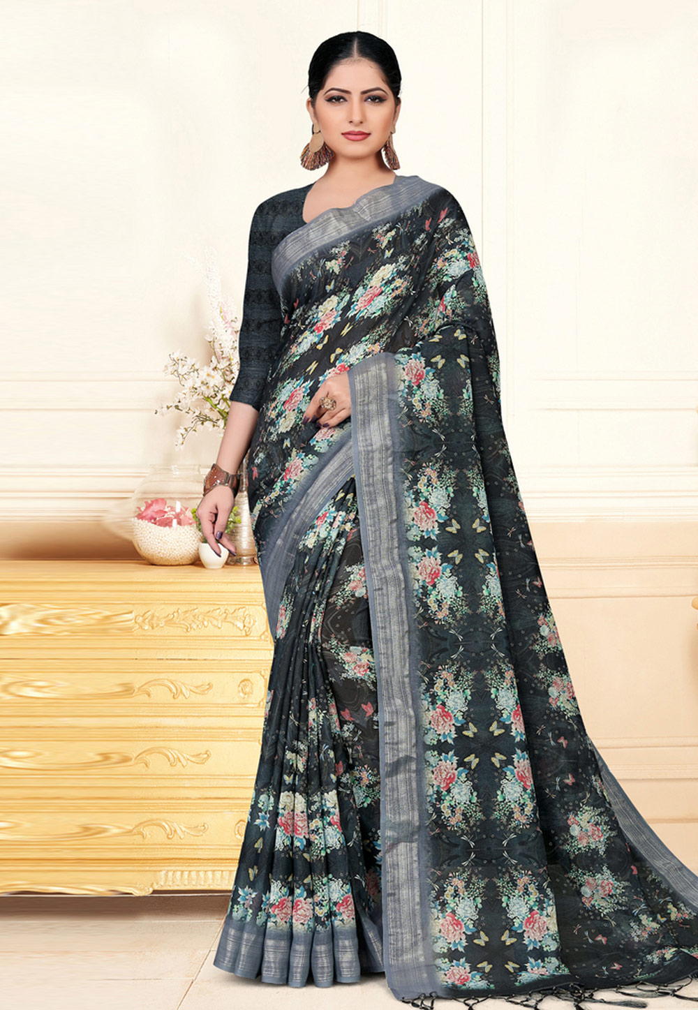 Black Linen Printed Saree With Blouse 193338