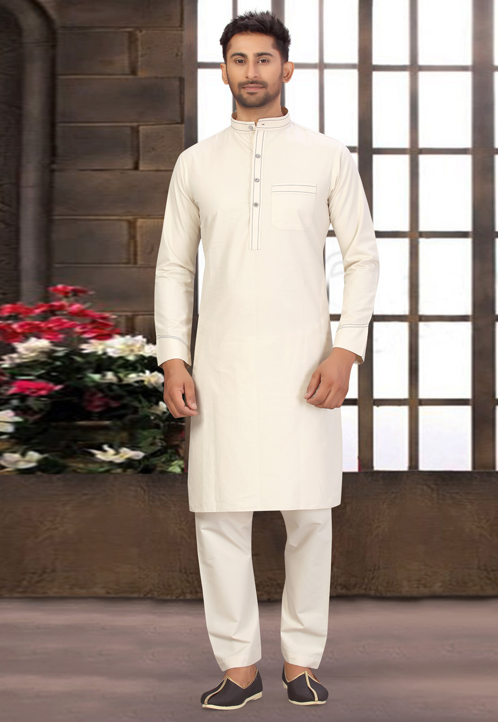 Cream Cotton Pathani Suit 231040