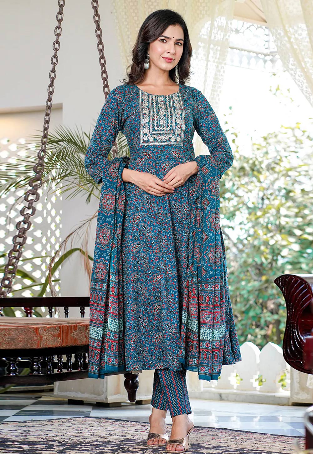 Teal Cotton Readymade Pant Style Suit 273908