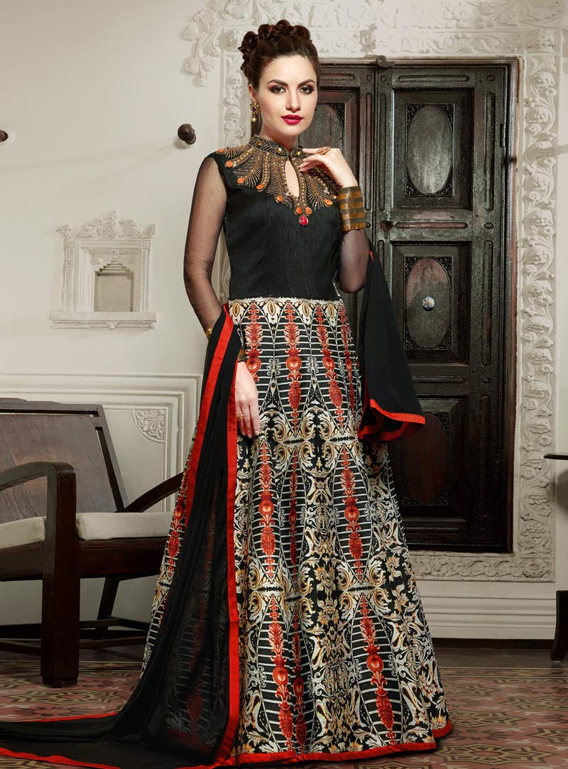 Black Silk Long Floor Length Anarkali Suit 86905